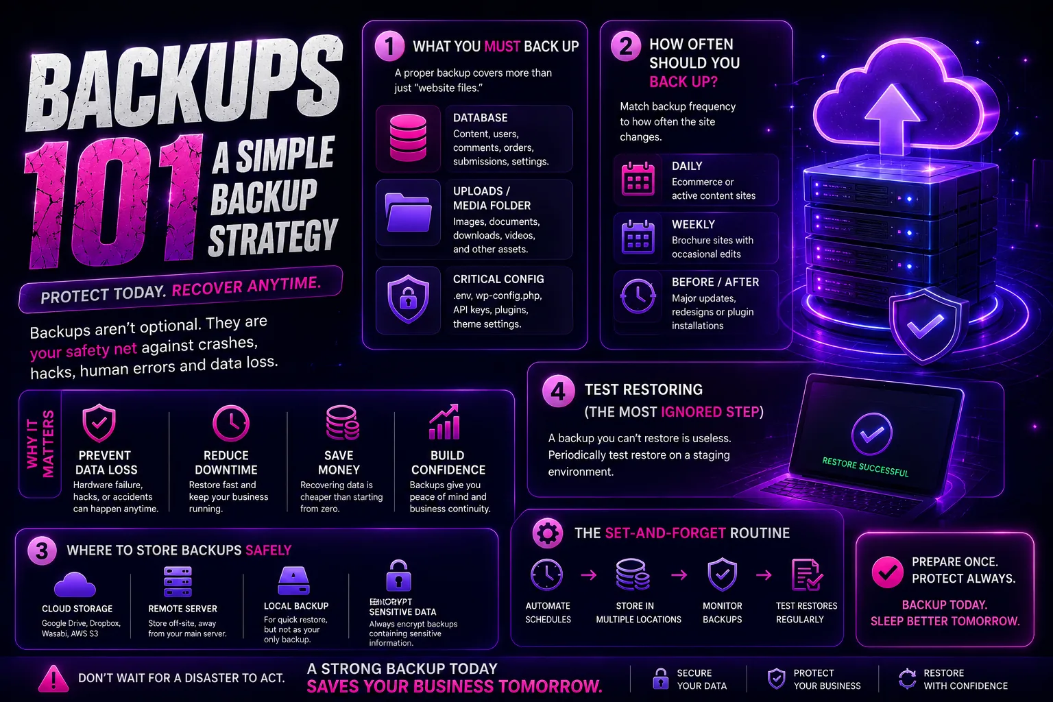 Cloud and server imagery representing backups and safe data storage for websites.