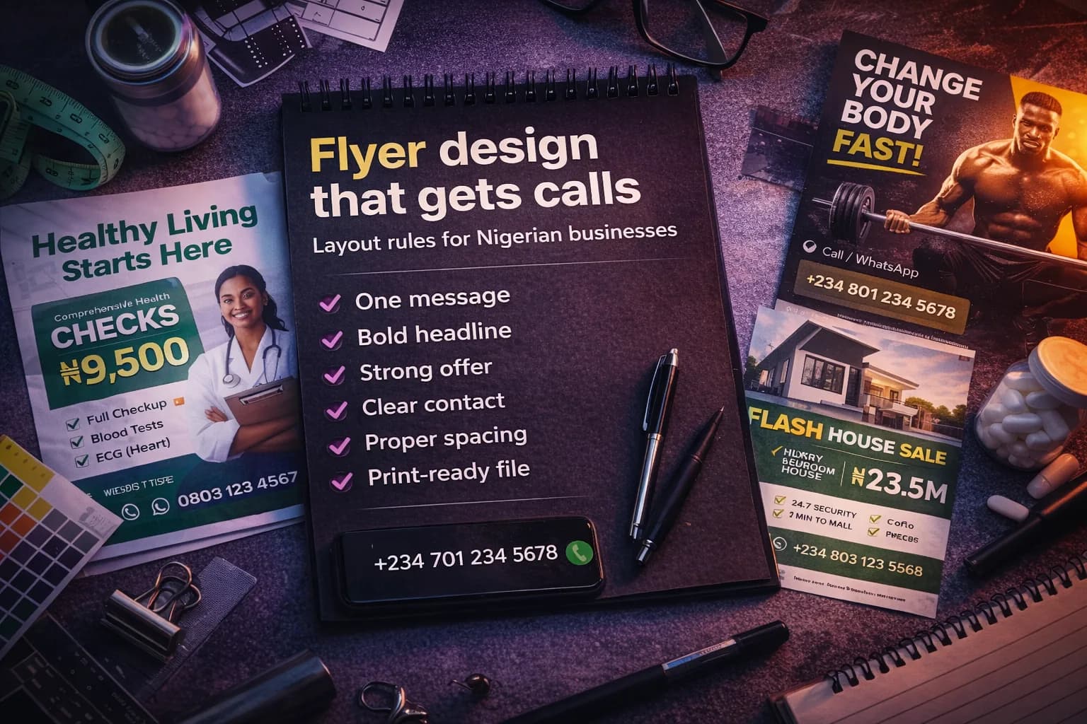 Printed flyers and posters laid out on a surface representing marketing print materials.