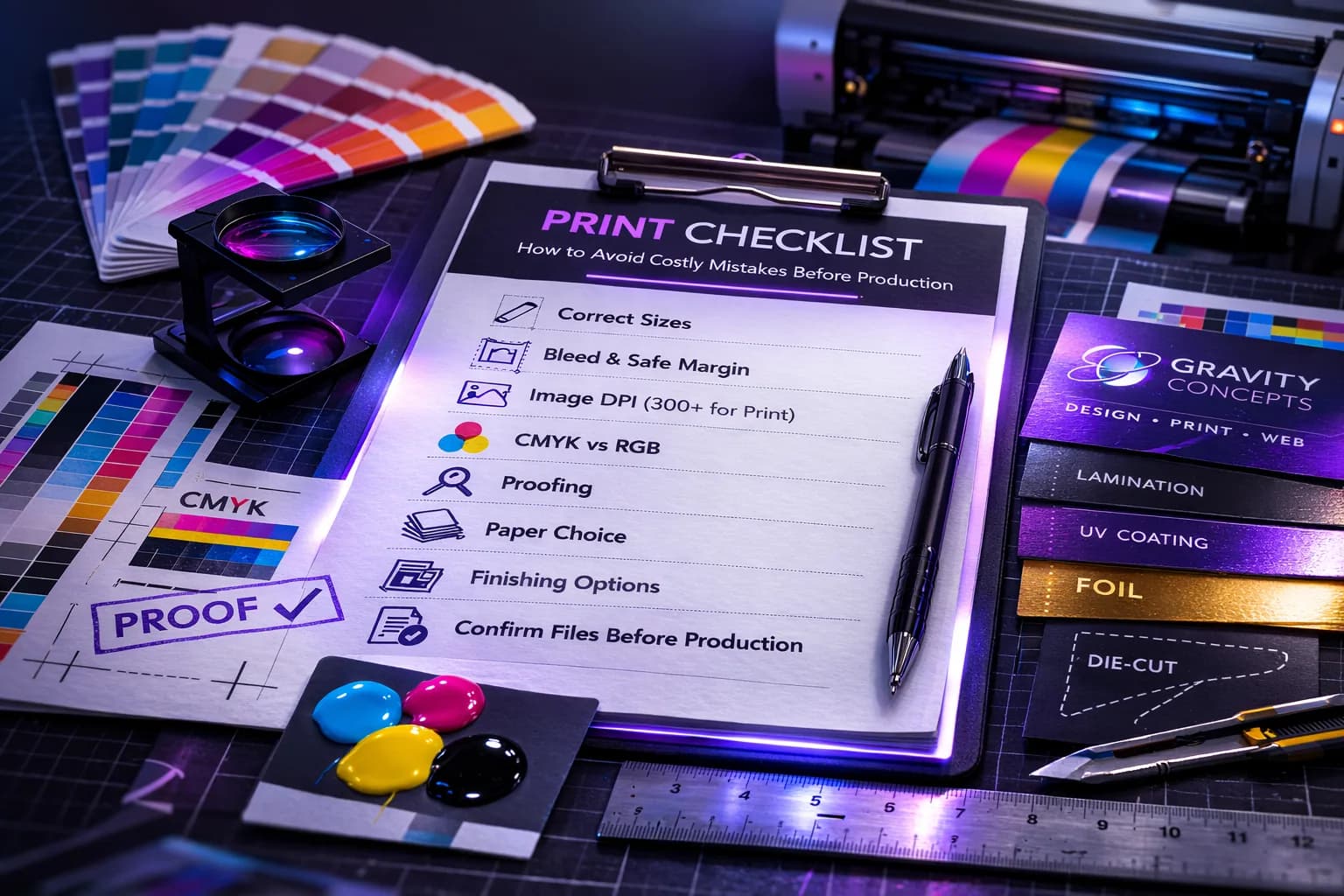 Printed materials and print equipment representing quality control in print production.