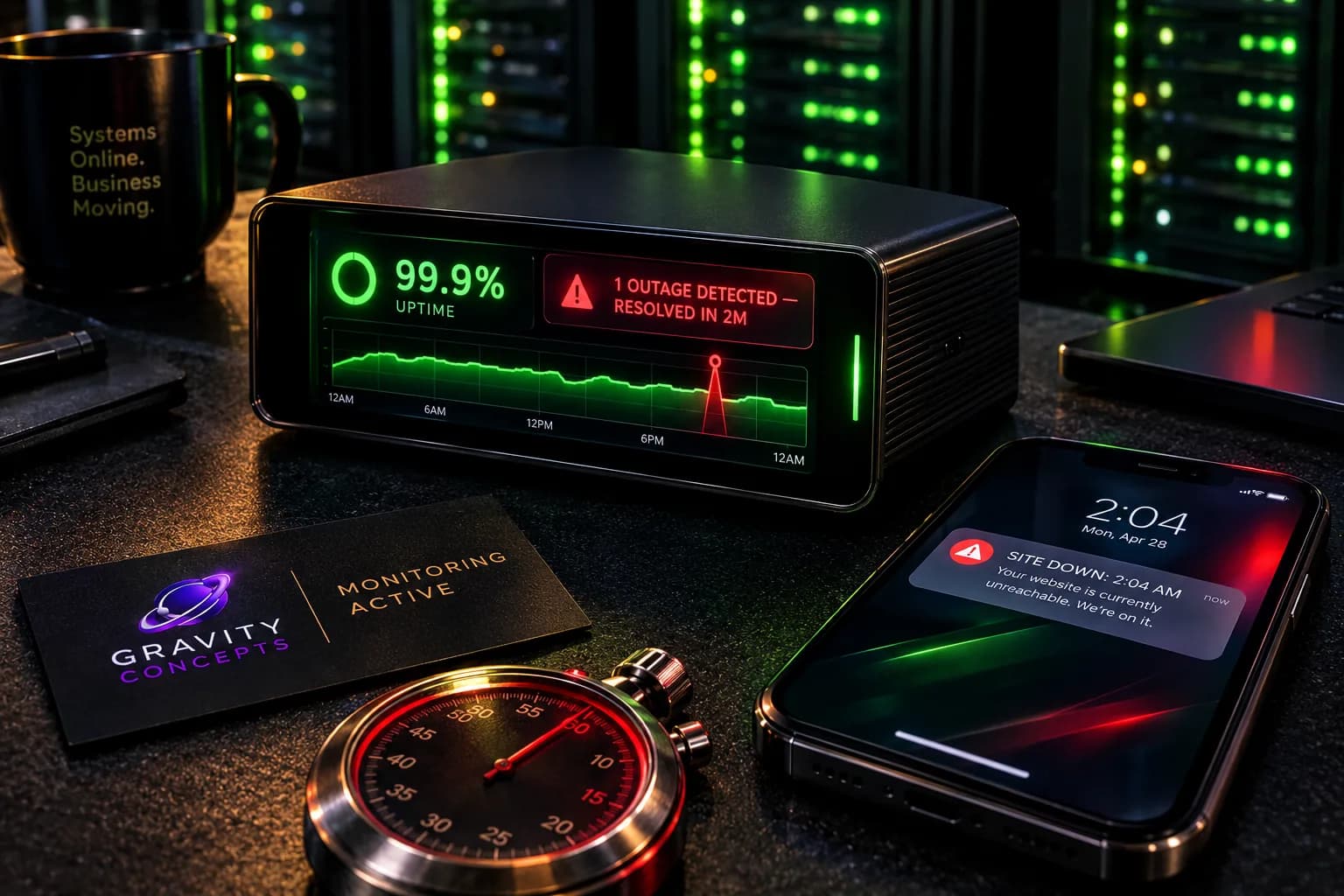 An uptime monitoring dashboard showing green status indicators and server response times.