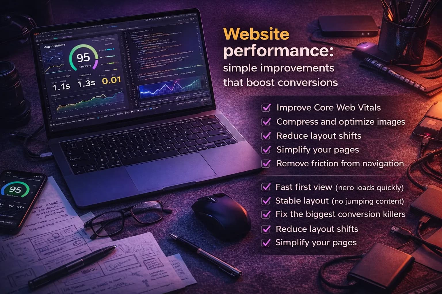 Laptop showing code and technical visuals representing website performance and optimization.