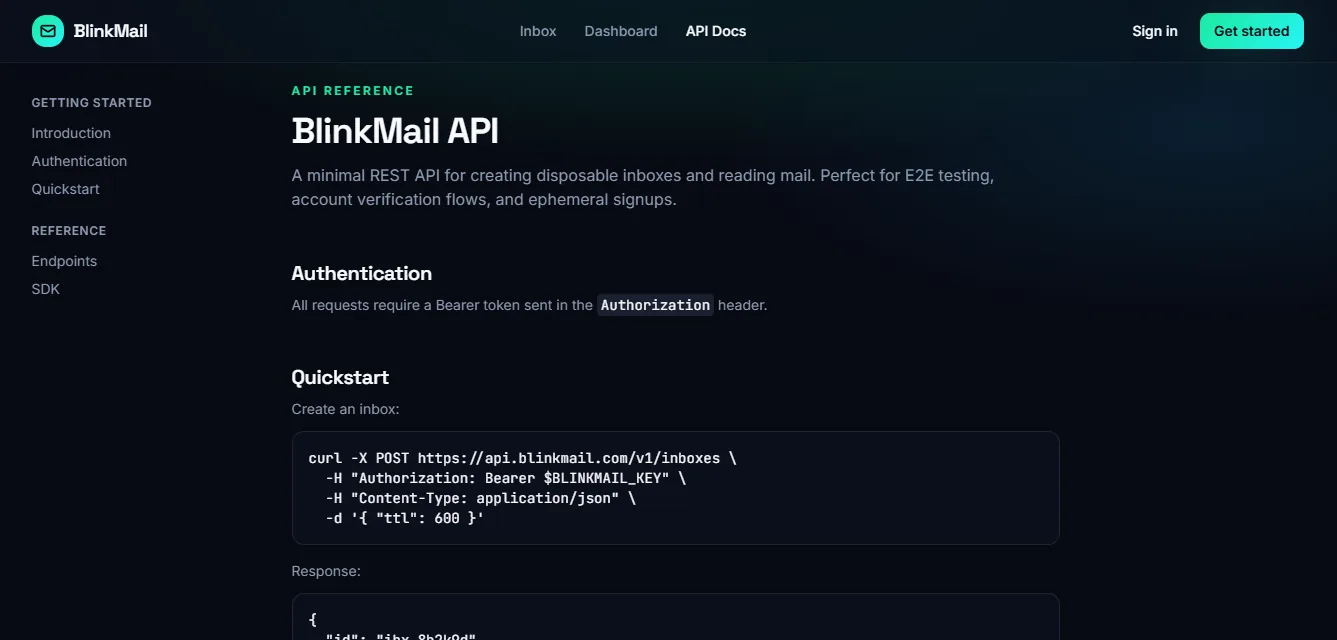 BlinkMail API reference page showing authentication, quickstart curl commands, and SDK sidebar navigation.