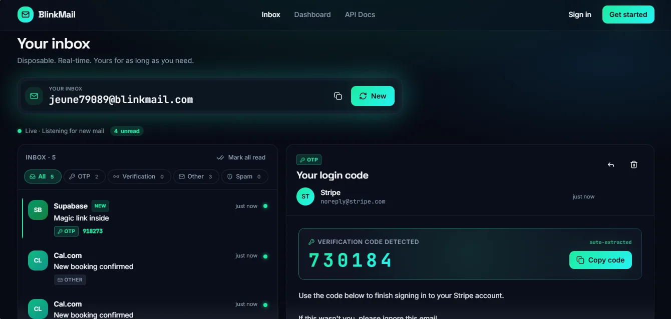 BlinkMail disposable inbox dashboard showing real-time email delivery, OTP auto-extraction, and categorised inbox UI.