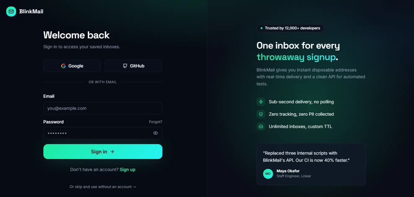 BlinkMail sign-in page with Google and GitHub OAuth, email login form, and product trust panel.