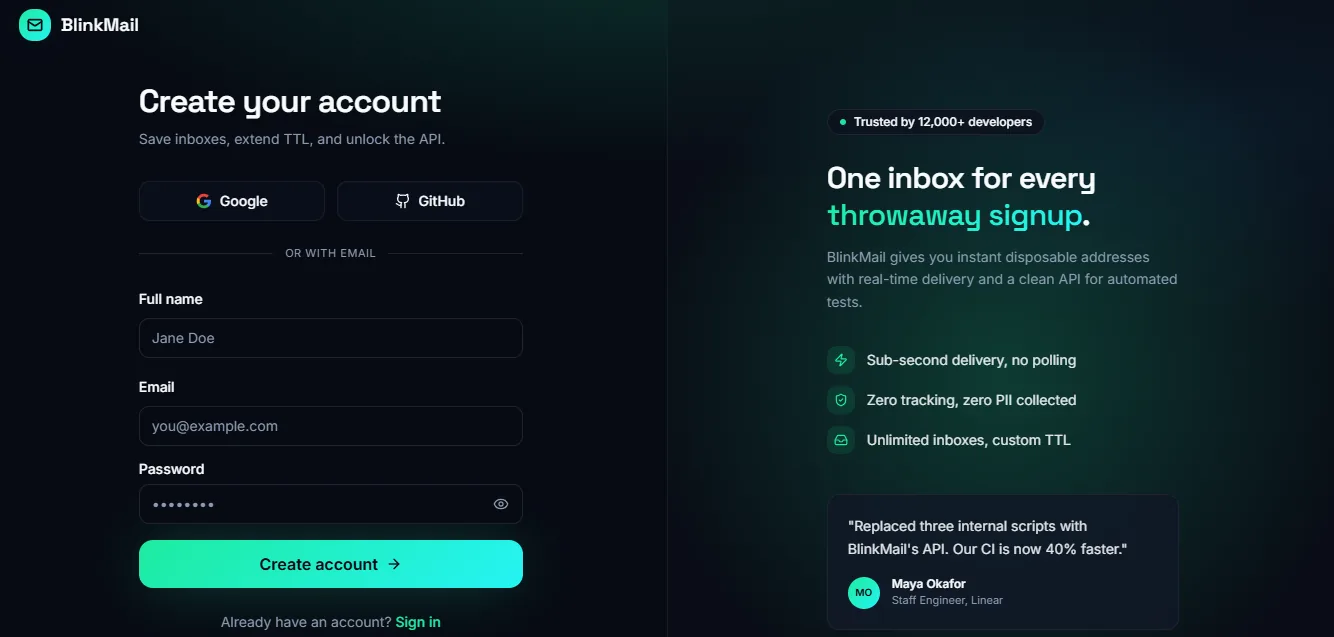 BlinkMail account creation page with registration form and feature highlights sidebar.