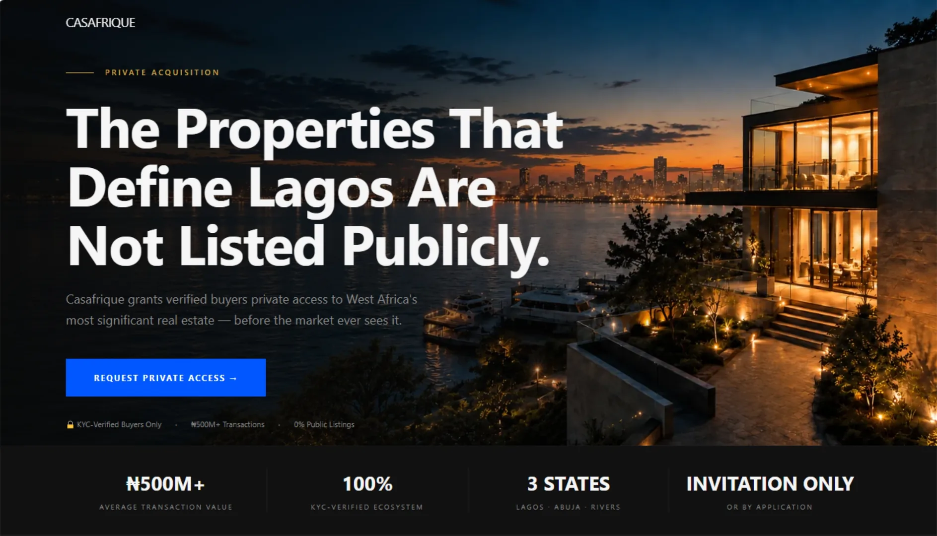 Casafrique private real estate acquisition platform hero section with a Lagos waterfront villa at sunset and a 'Request Private Access' call to action.