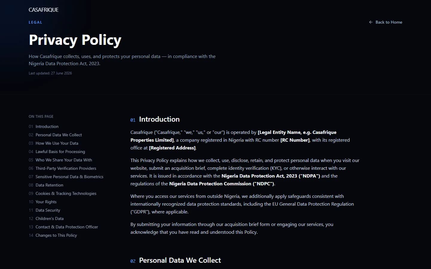 Casafrique Privacy Policy page detailing NDPA and GDPR-aligned data handling for KYC and biometric verification data.