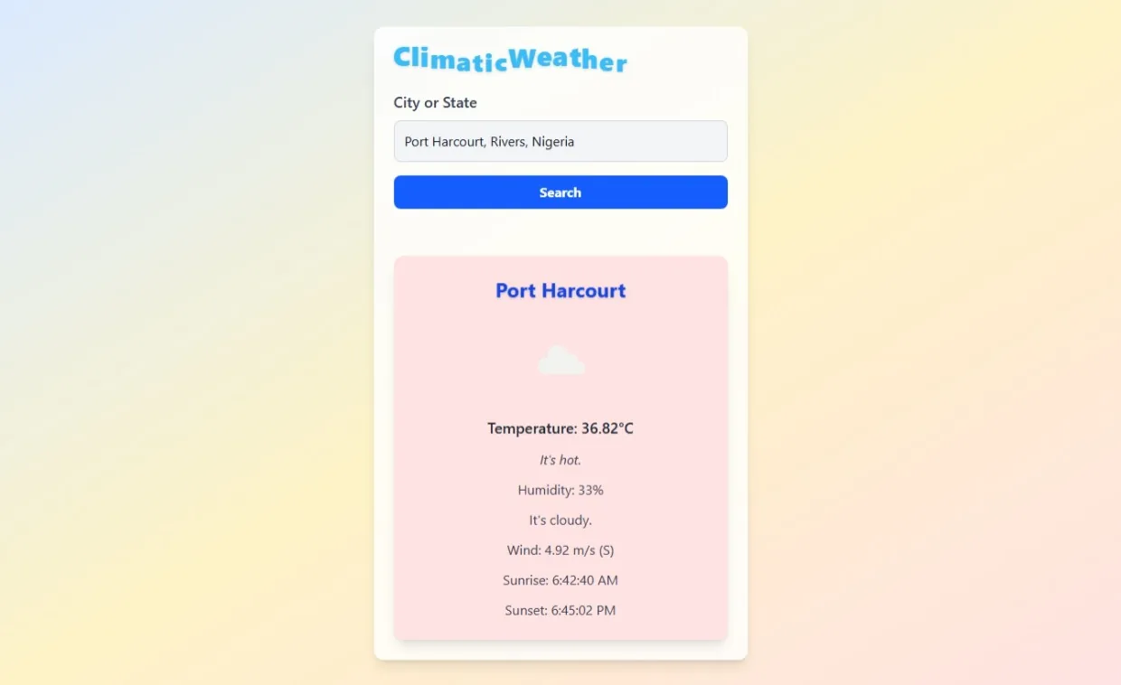 ClimaticWeather app showing the weather result state for Port Harcourt.