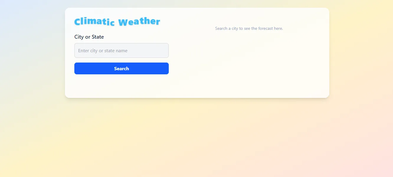 ClimaticWeather app showing location-based weather forecast with clean card layout.