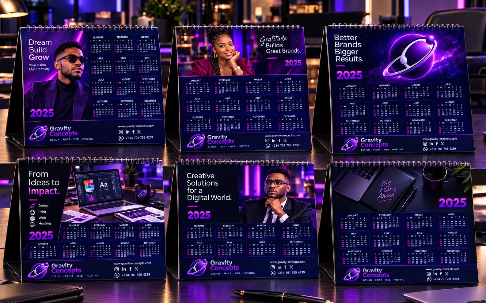 Collection grid of corporate calendar designs showing layout variety and modern typography.