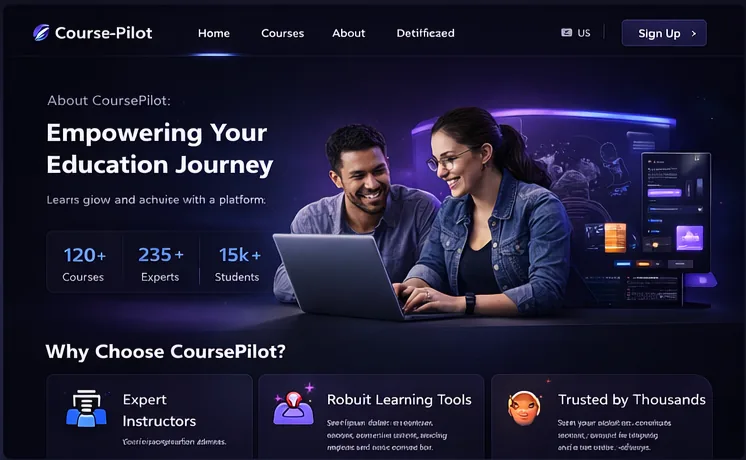 CoursePilot about page showing platform explanation and trust content.