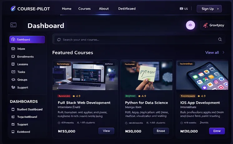 CoursePilot student dashboard with featured courses and dashboard sidebar.