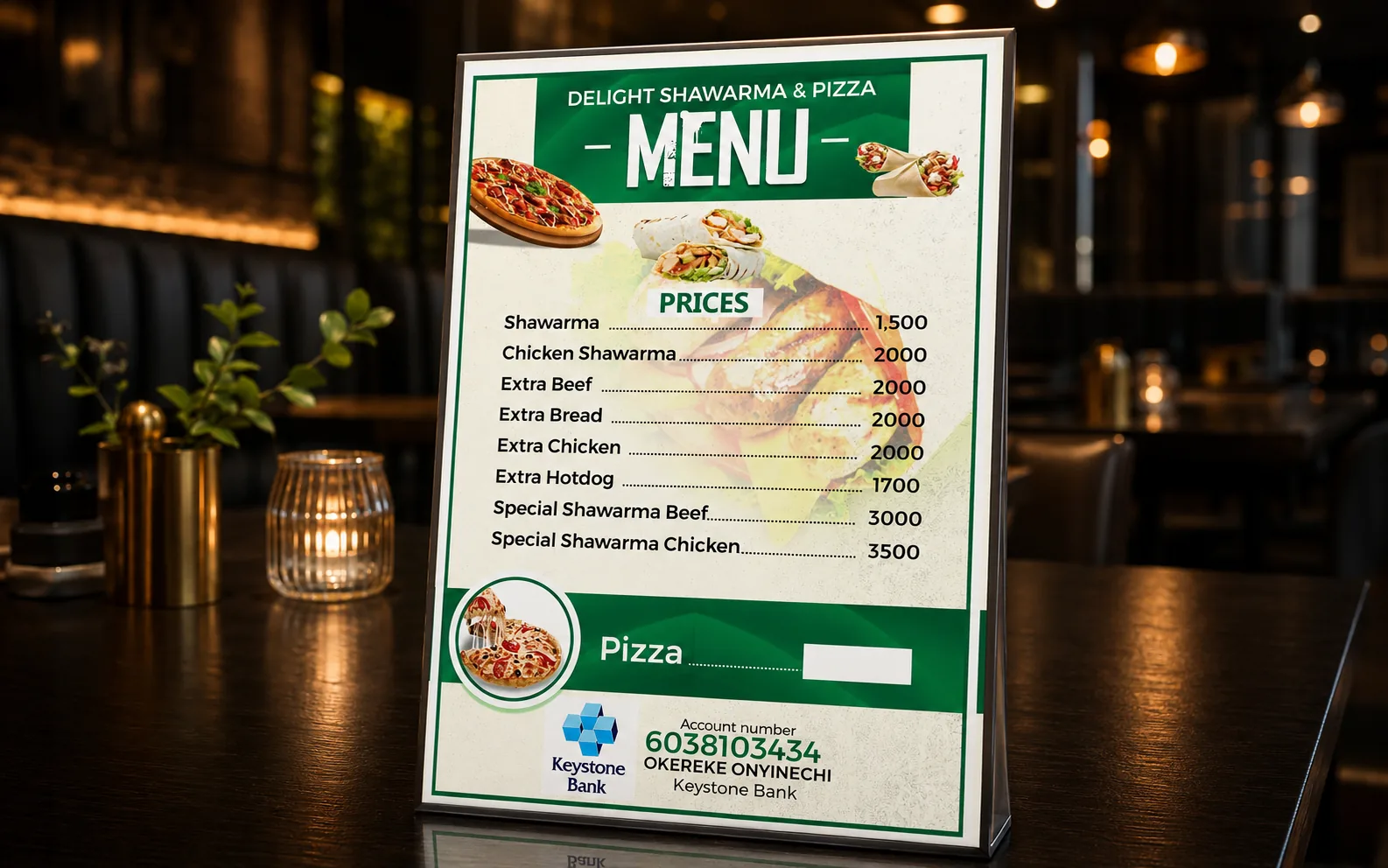 Shawarma and Pizza menu design on a dark wooden table in a premium restaurant.