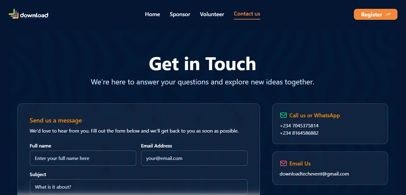 Download Tech 2026 event contact us section.