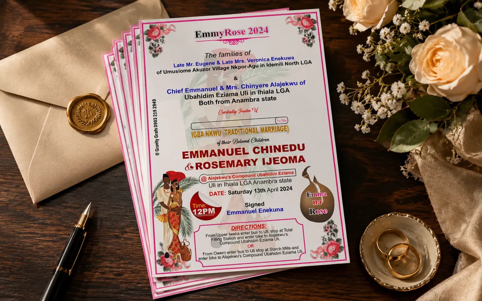 Traditional wedding invitation for EmmyRose 2024 presented in a premium flat-lay mockup with a wax-sealed envelope, gold rings, and flowers.