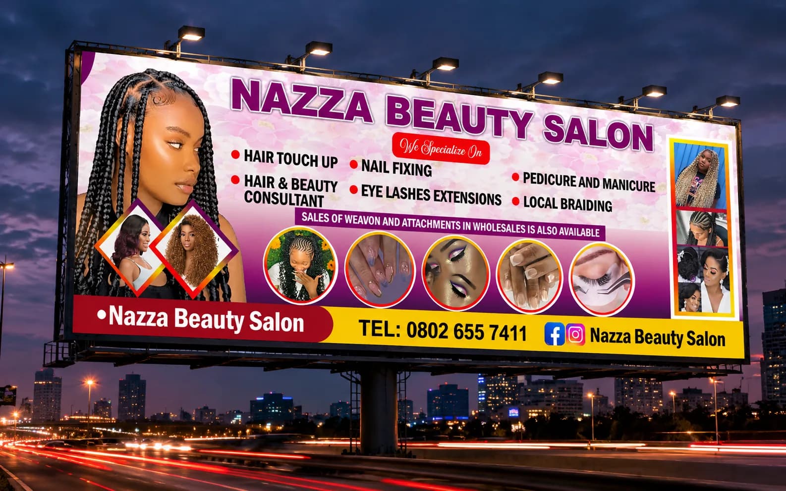 Collection of premium print materials including flyers, banners, and a billboard.