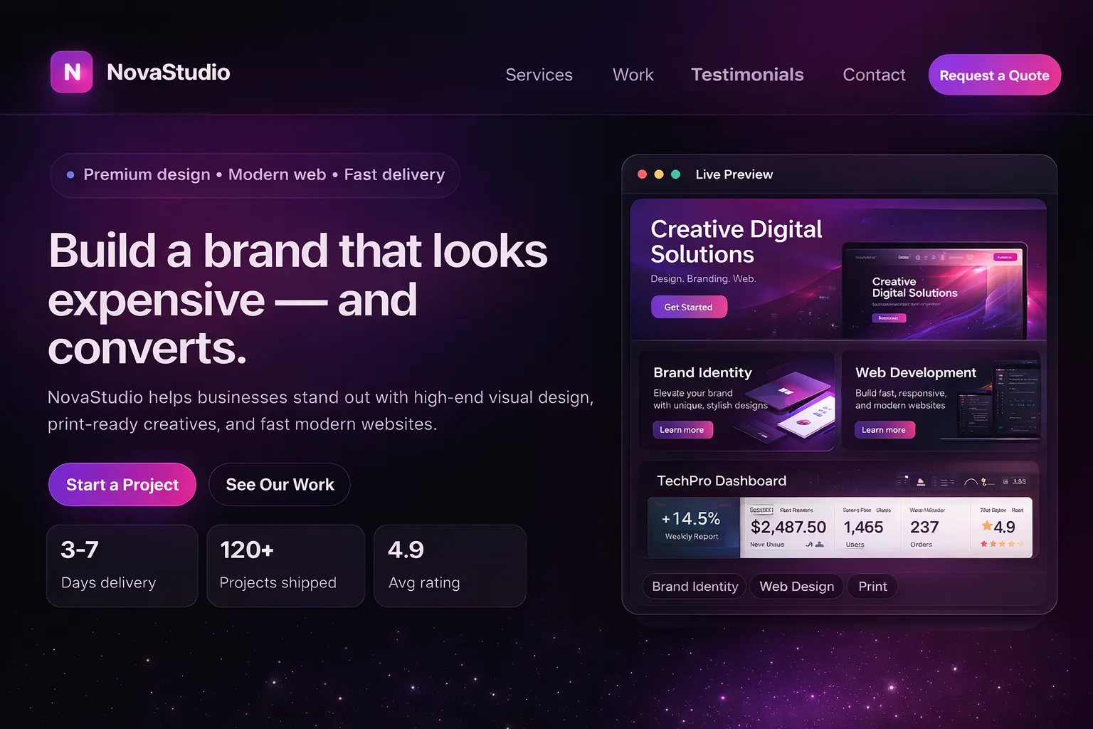 NovaStudio agency landing page with luxury dark UI, typographic hierarchy, and premium service positioning.