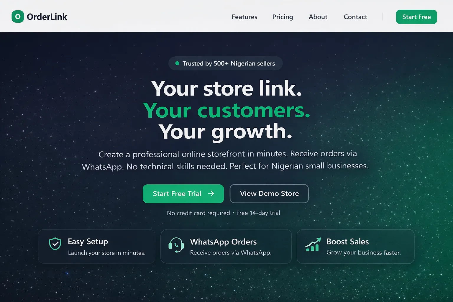 OrderLink homepage with conversion-focused hero and feature sections.