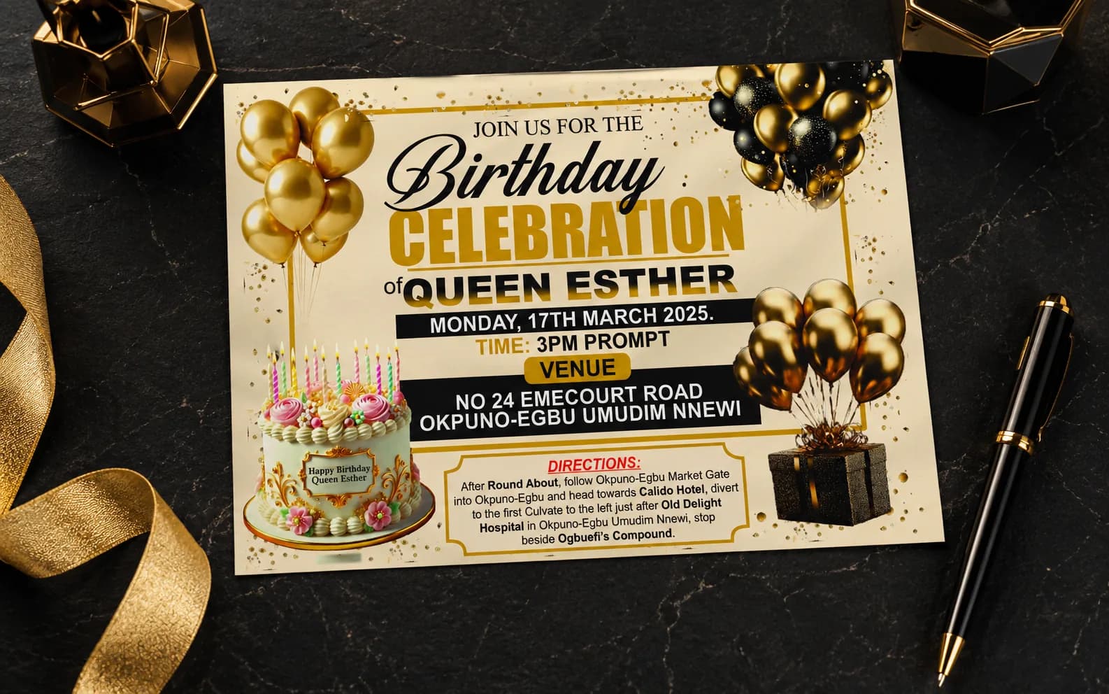 Gold and black birthday flyer for Queen Esther presented as a physical print on a dark marble desk.