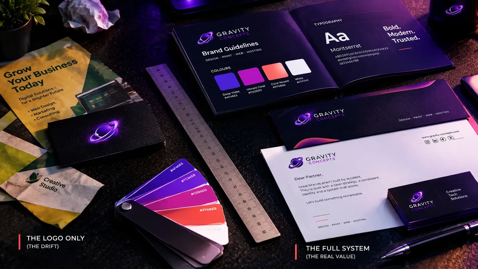 A single logo mark displayed beside a full brand system of colors, type specimens, and stationery.