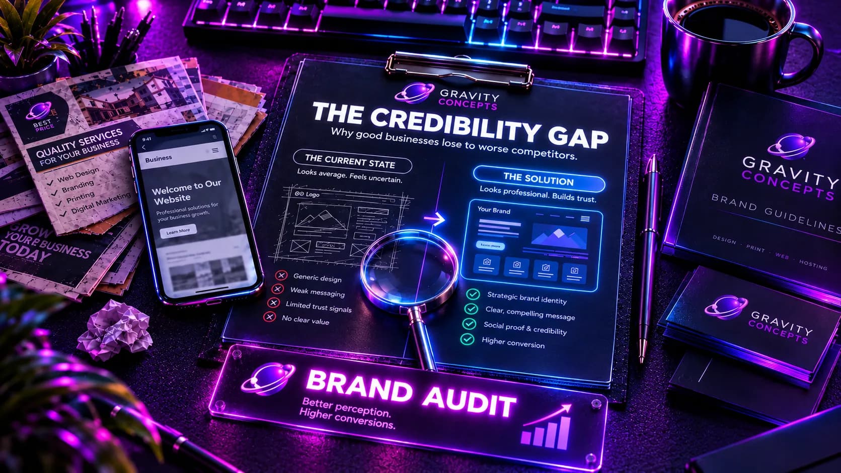 A split-screen comparison of premium and templated brand presentation on two phone screens.