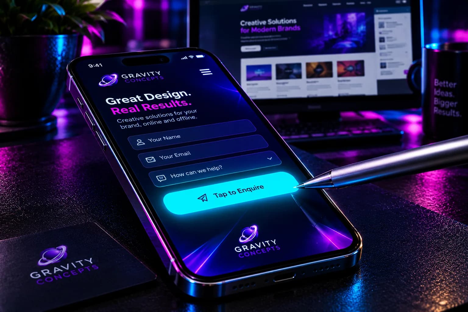 A phone held in hand showing a mobile contact form and primary CTA on screen.