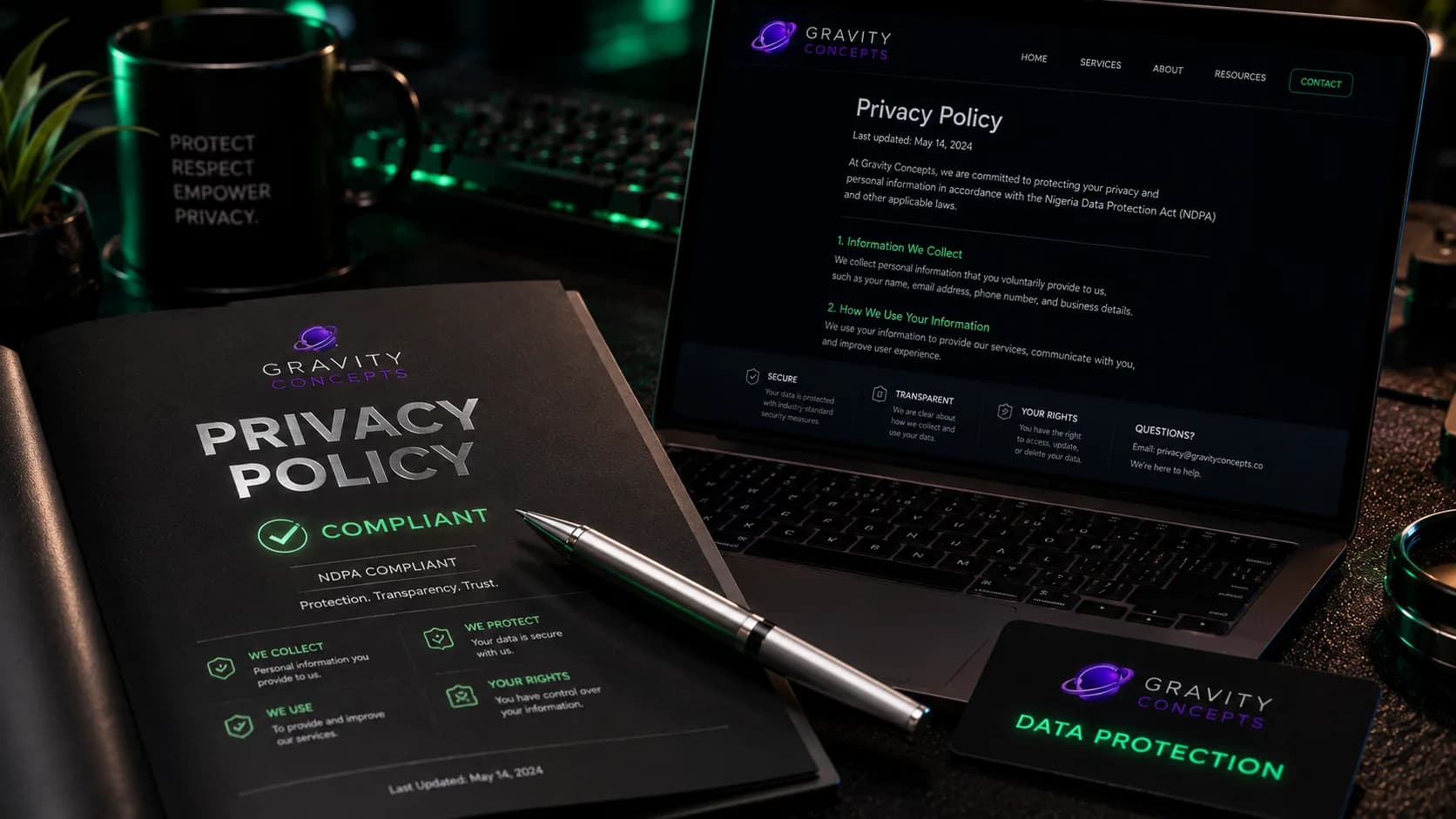 A Privacy Policy document open on a desk with a laptop showing a website privacy page.