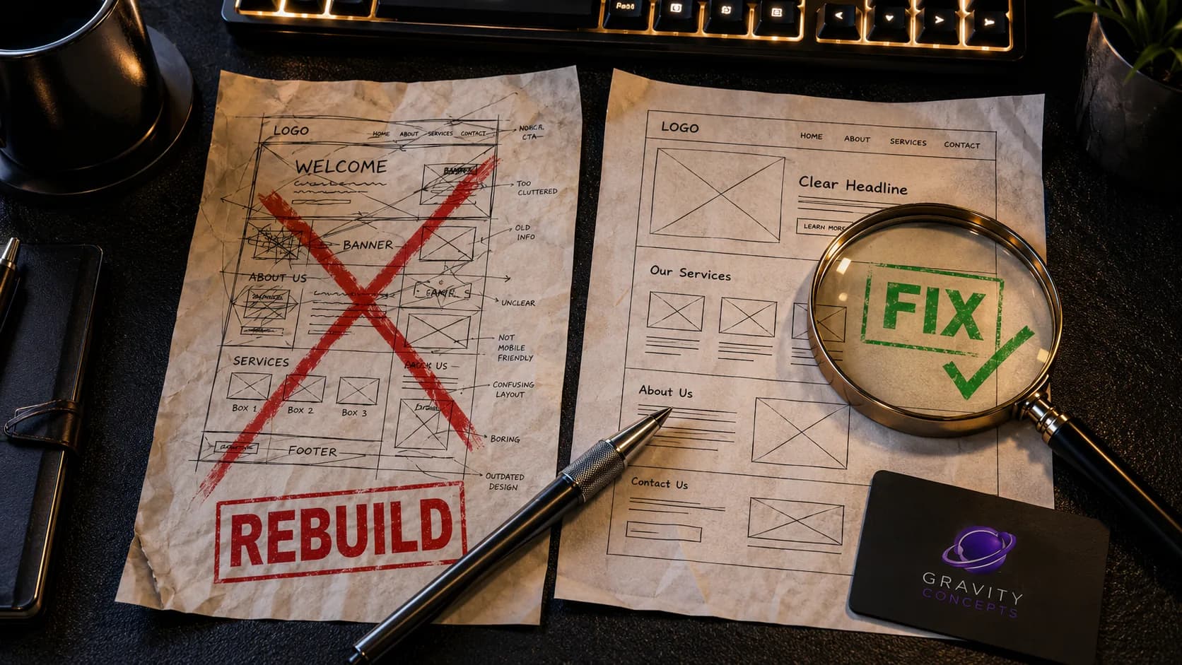 Two website wireframe sketches on a desk, one marked for a full rebuild and the other for a fix.