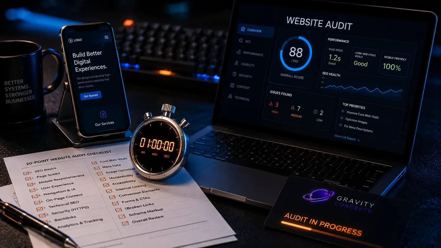 A printed checklist on a notepad beside a laptop showing a website under review.
