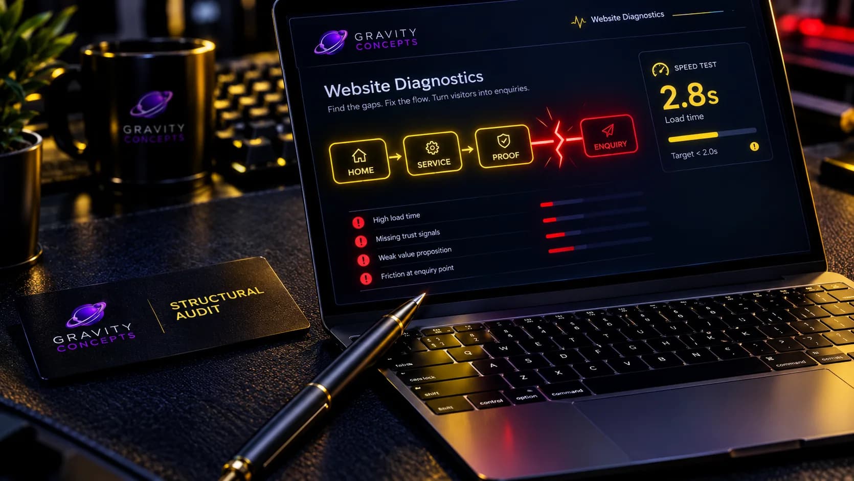 A laptop on a desk showing website structure and performance diagnostics on screen.