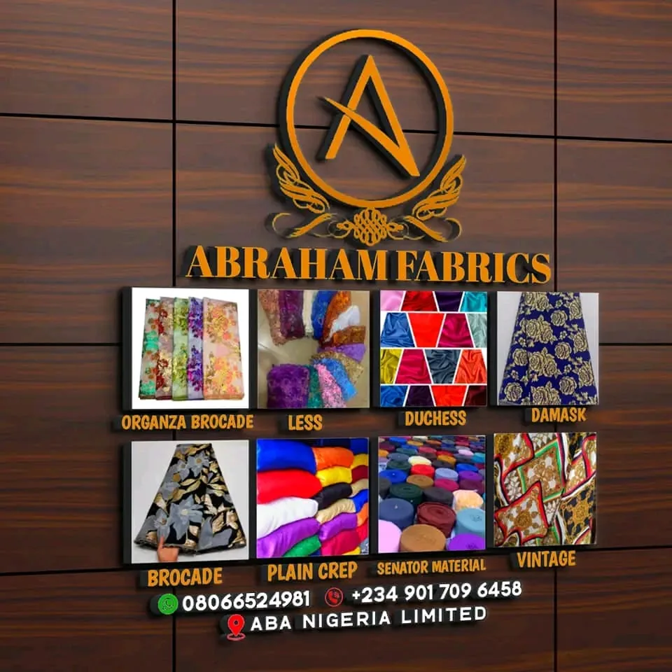 Original flat layout design for Abraham Fabrics showing catalog grids, contact details, and fabric swatches.