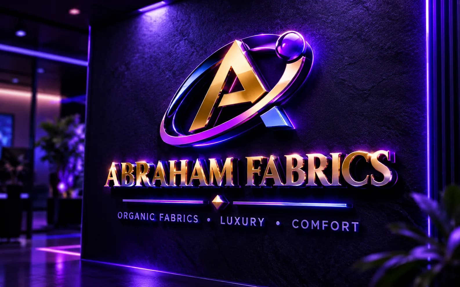Close-up 3D render of Abraham Fabrics gold metallic signage on a dark textured wall.