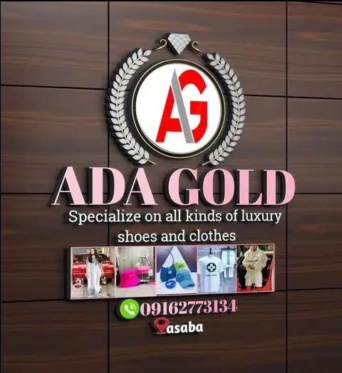 Original flat layout design for Ada Gold showing luxury shoes, clothes, and contact details.