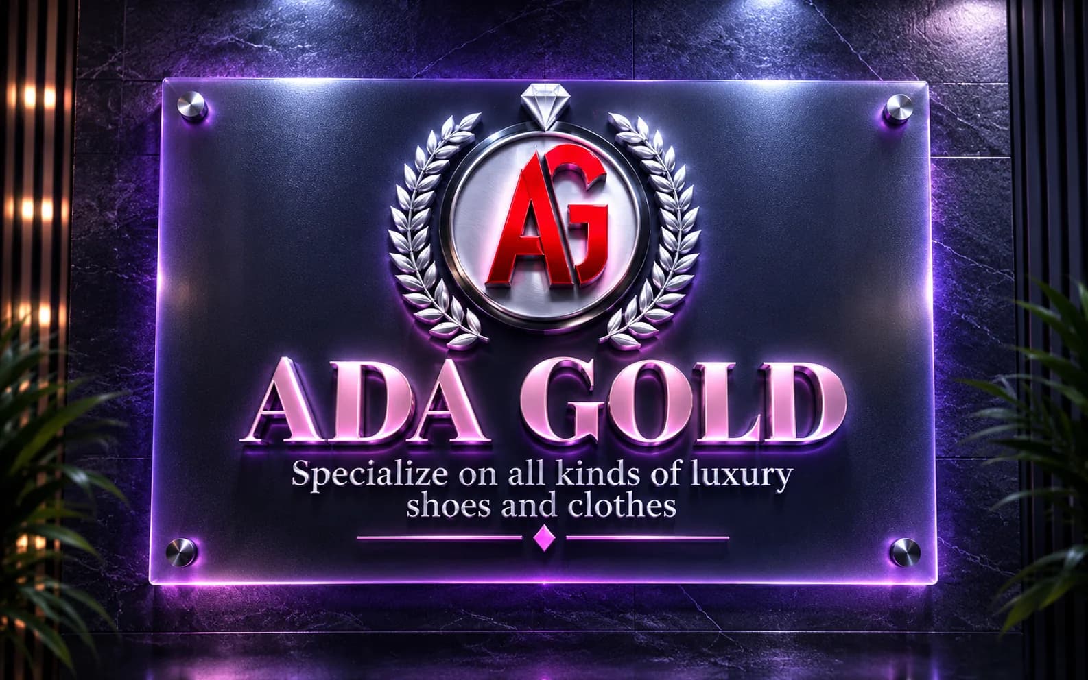 Premium 3D render of Ada Gold signage as a backlit frosted glass panel.