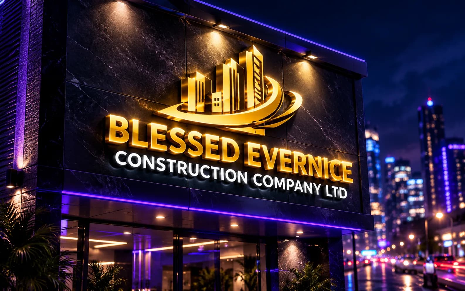 Premium 3D render of Blessed Evernice Construction Company exterior signage at night.