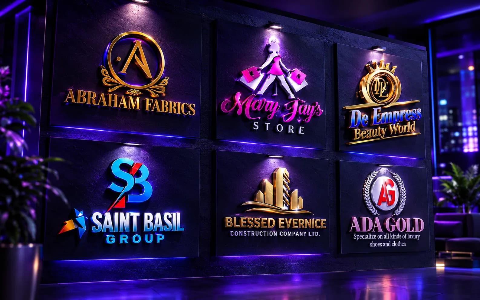 A premium gallery wall featuring various 3D corporate signage mockups with neon lighting.