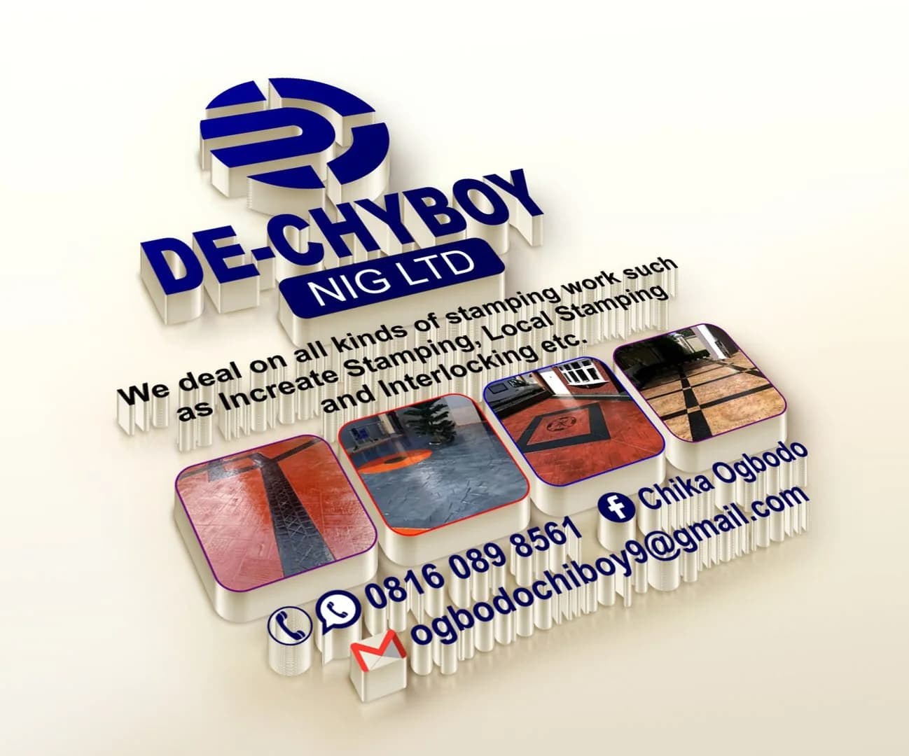 Original flat layout design for De-Chyboy Nig Ltd showing stamping work images and contact details.