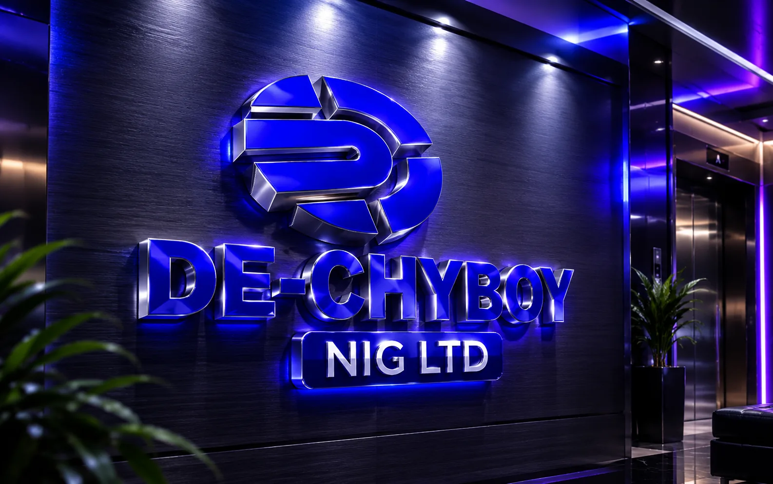 Premium 3D render of De-Chyboy Nig Ltd blue metallic signage in a corporate lobby.