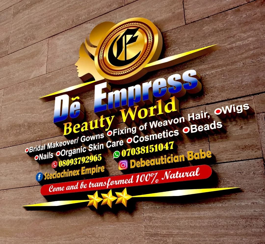 Original flat layout design for De Empress Beauty World showing services and contact details.