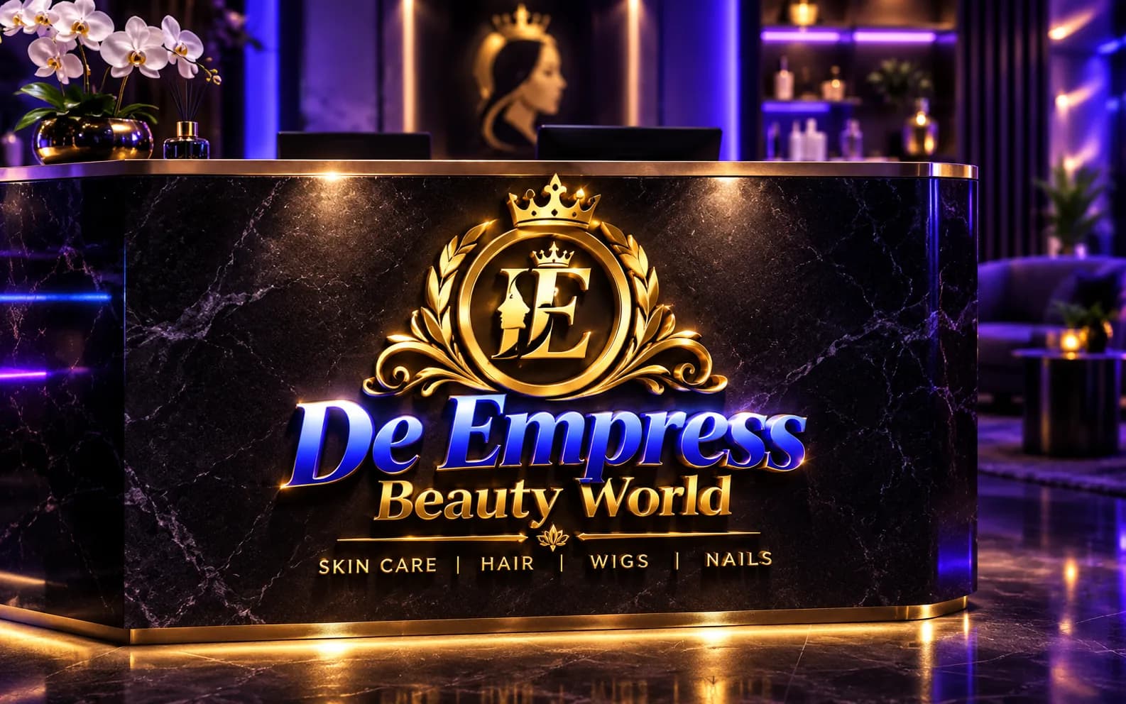 Premium 3D render of De Empress Beauty World signage mounted on a dark marble reception desk.