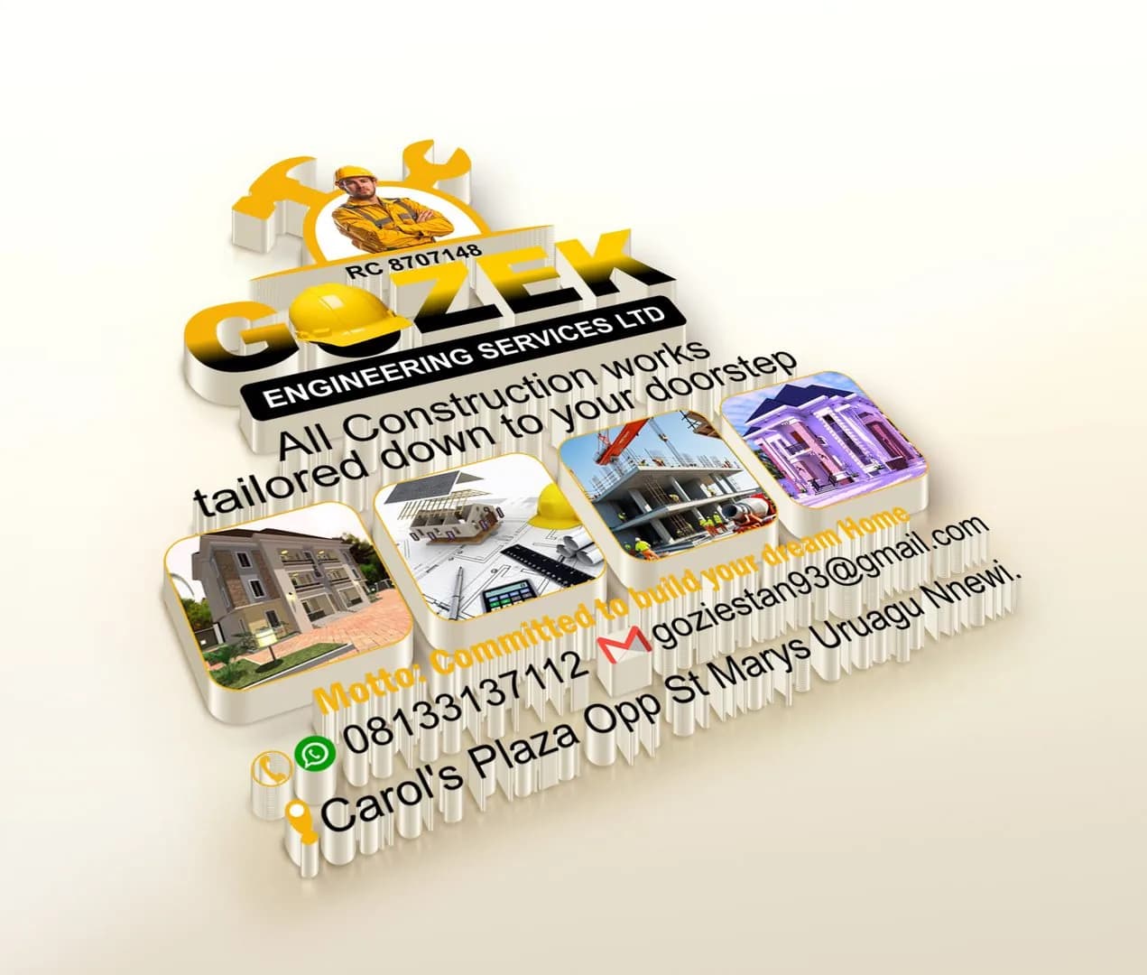 Original flat layout design for Gozek Engineering Services showing building images and contact details.