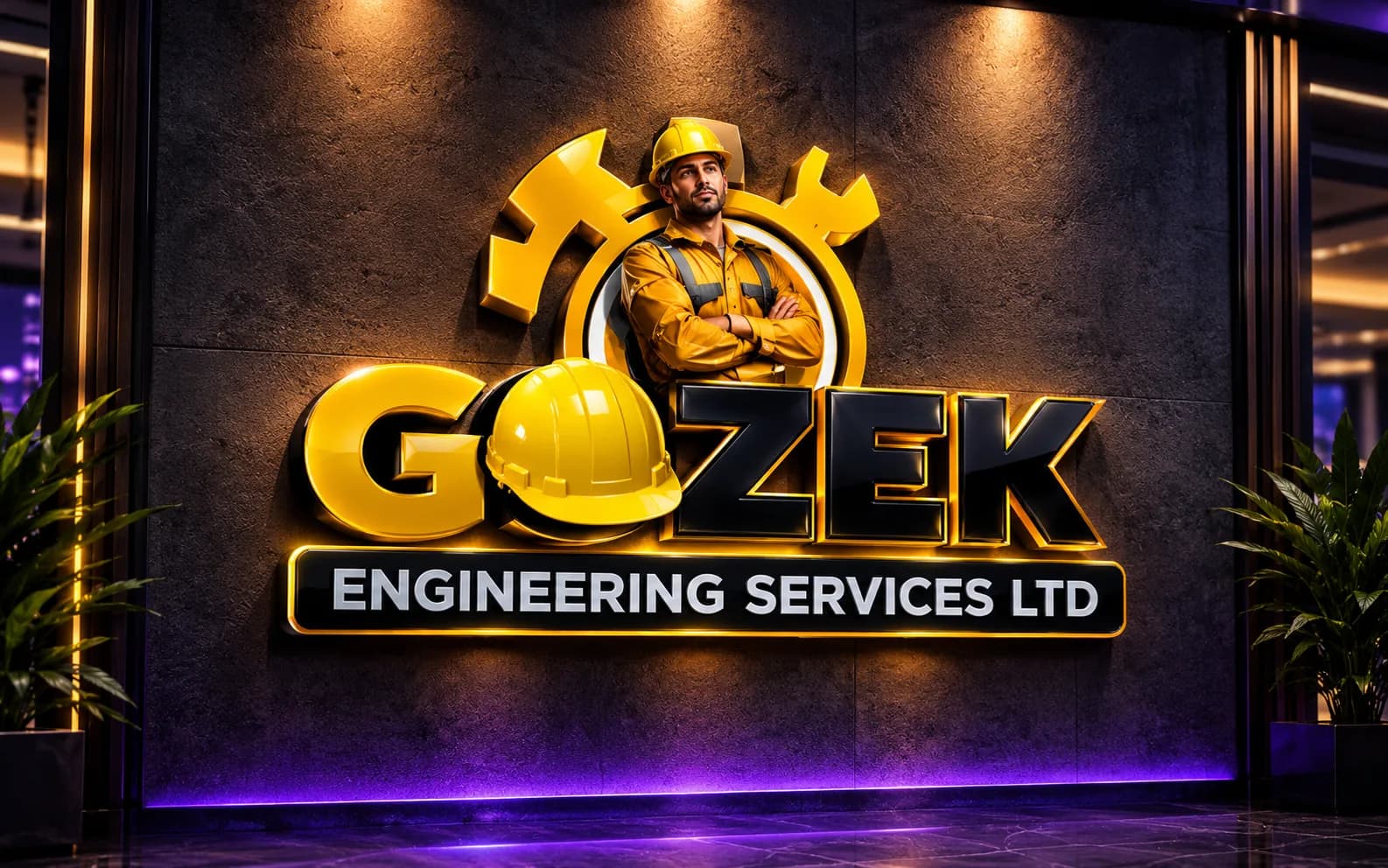 Premium 3D render of Gozek Engineering Services signage with construction worker icon and yellow lighting.