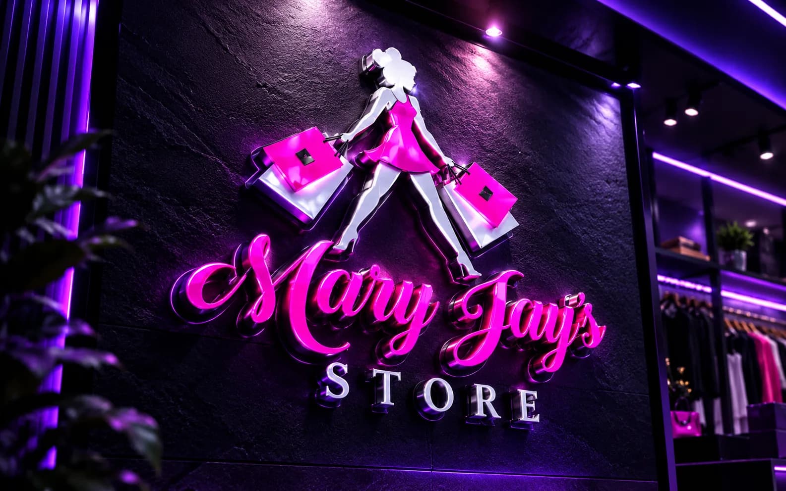 Premium 3D render of Mary Jays Store signage with pink neon lighting.