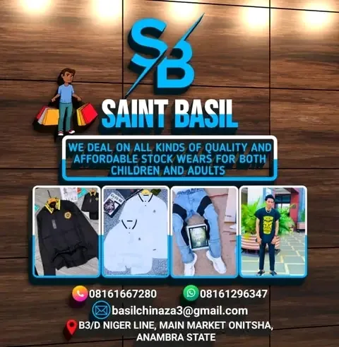Original flat layout design for Saint Basil Group showing children's clothing and contact details.