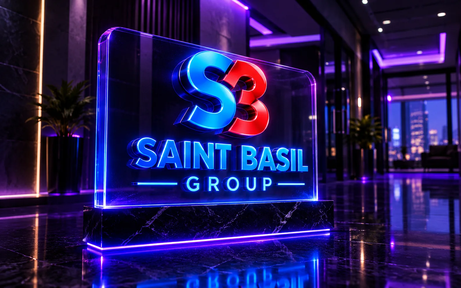 Premium 3D render of Saint Basil Group illuminated acrylic standee on a polished floor.