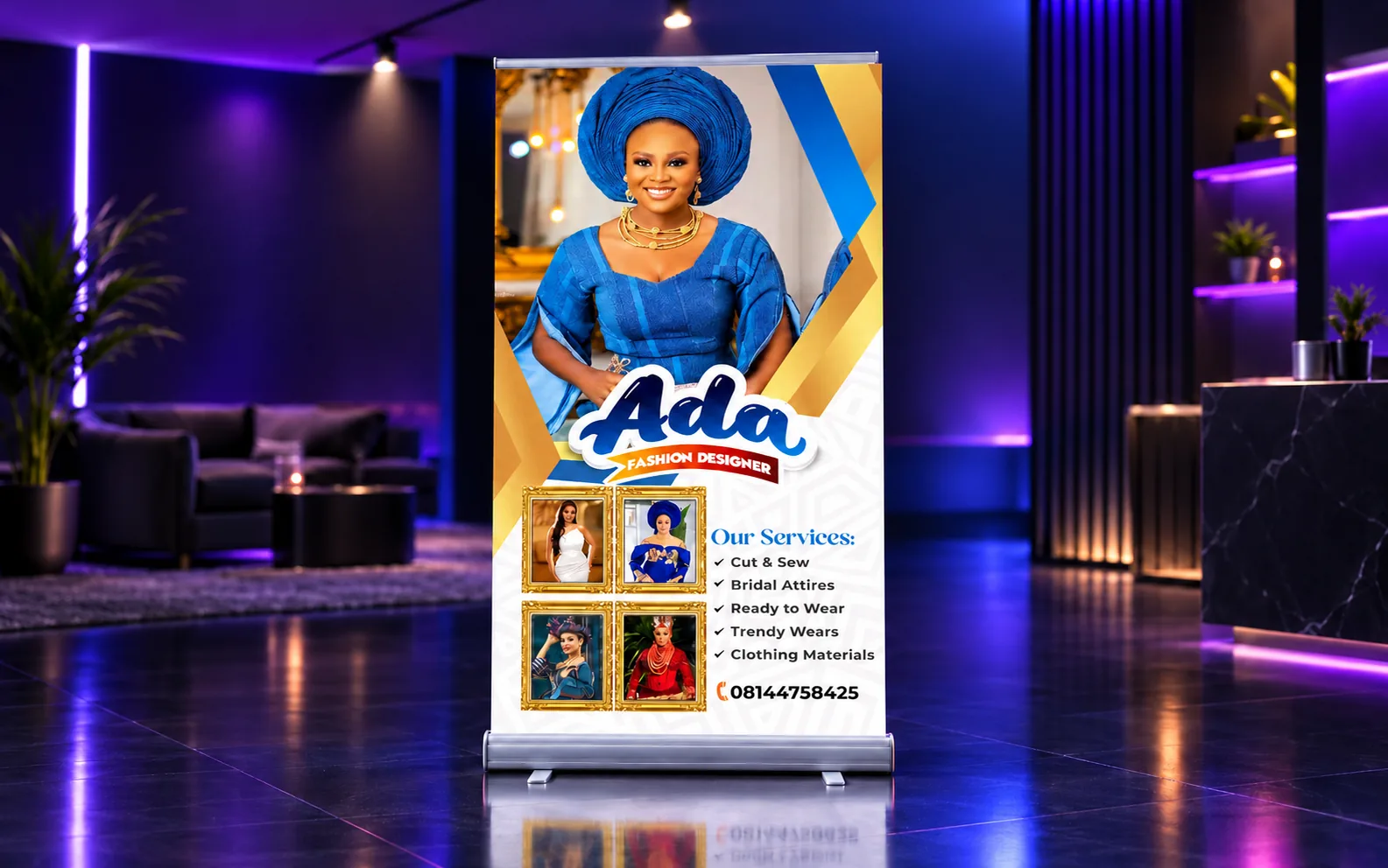 Premium roll-up banner mockup for Ada Fashion Designer in a dark showroom.
