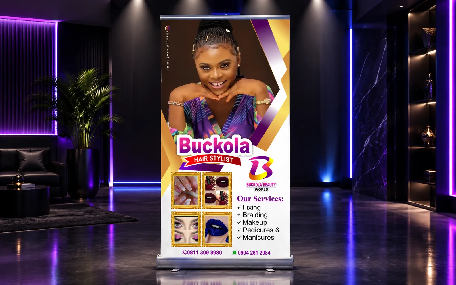 Buckola Hair Stylist roll-up banner mockup placed in a premium dark showroom with neon lighting.