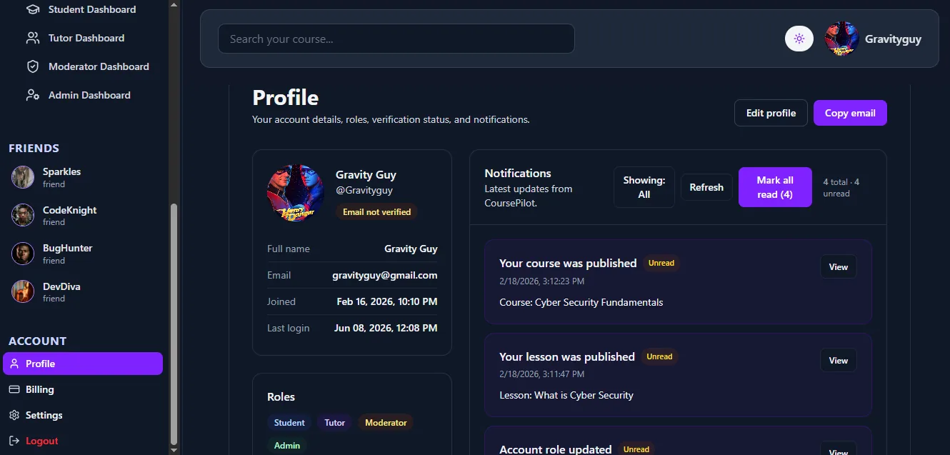 CoursePilot user profile page showing account details, roles, and notifications panel.