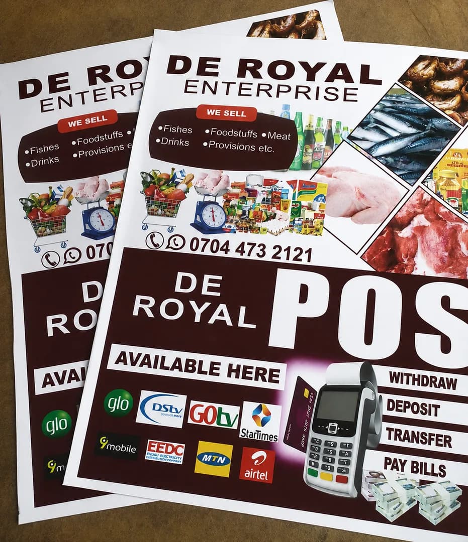 Two printed De Royal Enterprise banners stacked showing finished large format print output.
