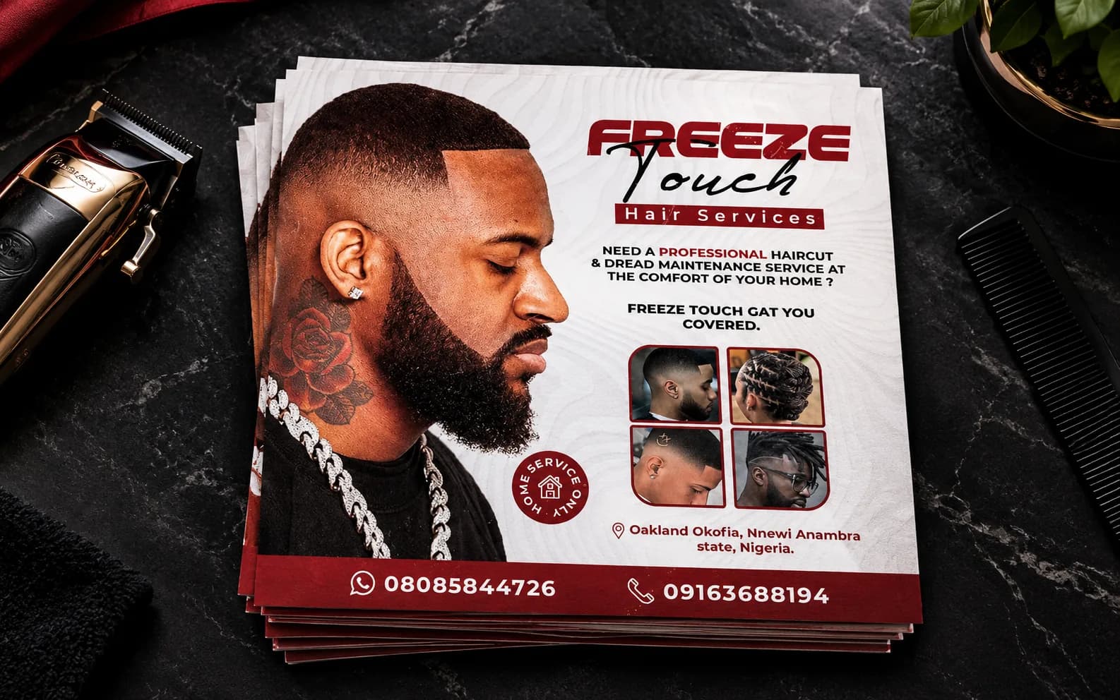 Freeze Touch hair services flyer stack.